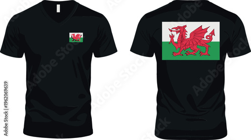 Wales Flag Design on Black V-neck T-shirt Featuring Red Dragon Emblem for National Pride, Casual Fashion, and Sportswear