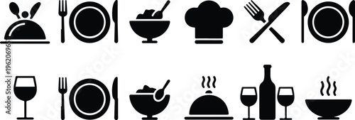 Restaurant and Dining Icon Set Featuring Minimalist Black Vector Silhouettes of Plates Cutlery Wine Bottles Chef Hats and Food. (18 words)