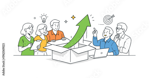 A customer onboarding and success enablement scene showing a service team guiding new clients and setting them up for long-term value together around a large open box and a simple