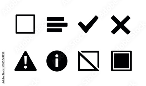 UI content states: empty state box, loading skeleton, success checkmark, error cross, warning triangle, info circle, disabled element, active highlight