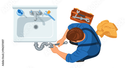 Plumber fixing a sink with tools.