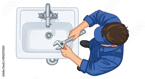 Plumber fixing a sink with wrench.