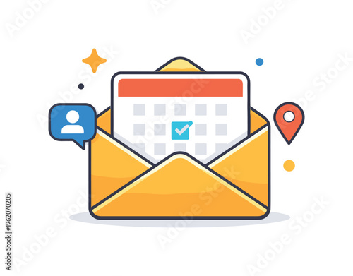 Event planning and communication process focused on inviting guests and managing attendance for social or business occasions, an elegant envelope with a simple calendar icon