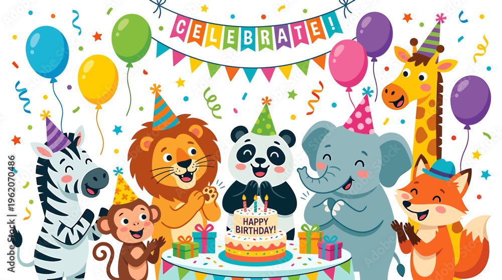 Naklejka premium Cute Animals Celebrate Birthday Party with Cake and Balloons