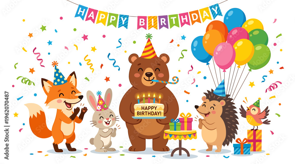 Obraz premium Cute Animals Celebrate Birthday Party with Cake and Balloons