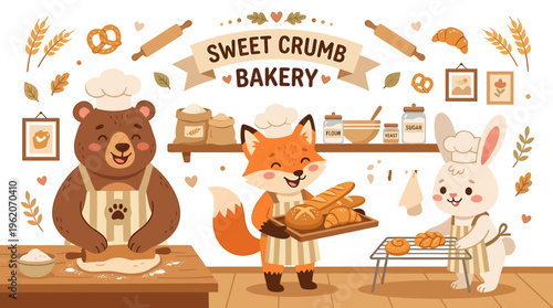 Cute Animals Baking Bread in Bakery Shop - Bear, Fox, Rabbit