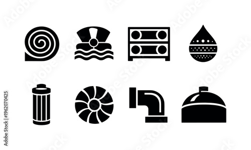 Desalination plant engineering: reverse osmosis membrane spiral, intake brine diffuser fan, pressure vessel tube rack, salinity gradient droplet chart, pretreatment filter