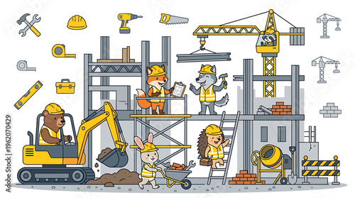 Cute Animals Building Construction Site with Crane, Excavator, and Tools