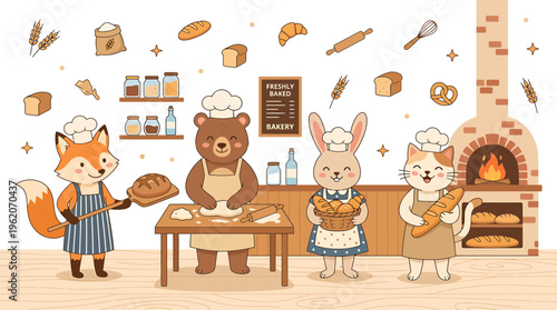 Cute Animals Baking Together in a Cozy Bakery Scene