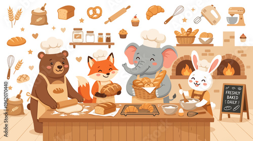 Cute Animals Baking Together in a Cozy Bakery Kitchen