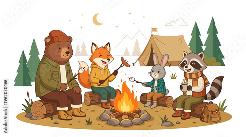 Cute animals camping around campfire, roasting marshmallows and sausages, night scene