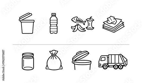 Household waste disposal: kitchen trash can, plastic bottle, food scraps, paper waste, glass jar, waste bag tied, bin lid open, trash pickup truck