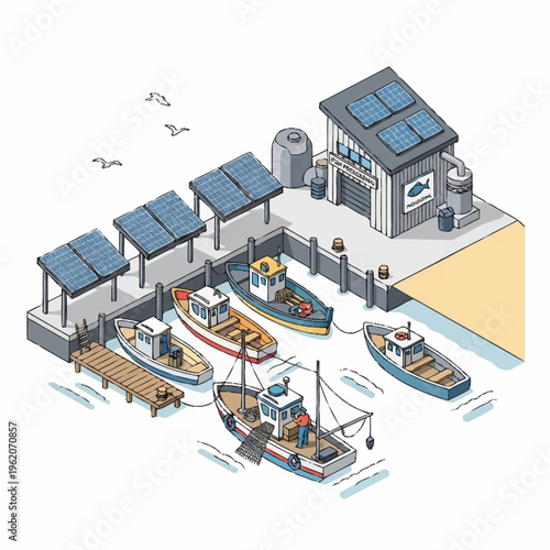 An isometric illustration of a harbor with fishing boats, solar panels, and a building.