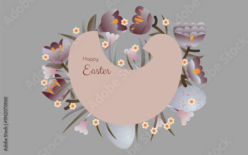Happy Easter vector background. Greeting card with spring flowers, easter egg, chicken