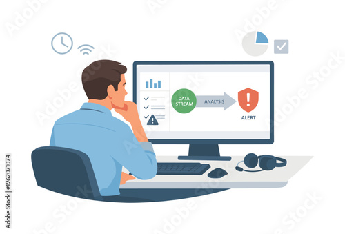 Real-time analytics and response scenario showing an operator analyzing incoming data streams in a monitoring center to make informed decisions and prevent disruptions, with a