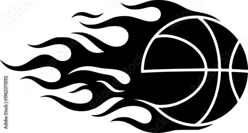 Solid black silhouette of a basketball with stylized flames, minimalist sports action and competitive power vector illustration isolated on white.