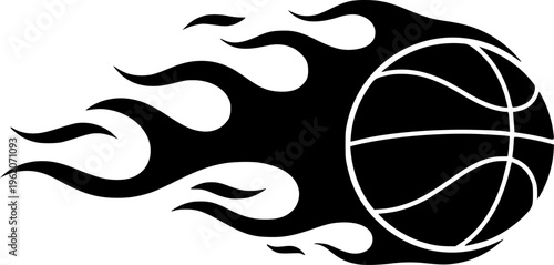 Solid black silhouette of a basketball with stylized flames, minimalist sports action and competitive power vector illustration isolated on white.