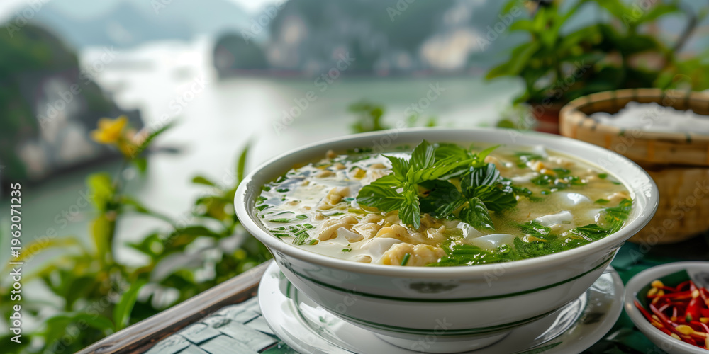 Obraz premium Bowl of Vietnamese noodle soup served with fresh herbs on a terrace overlooking a misty bay landscape. Travel dining scene featuring Asian cuisine, warm broth, and a picturesque waterfront setting