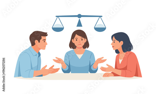 Workplace conflict resolution scene showing a neutral mediator helping two colleagues resolve a disagreement through structured communication and mutual understanding, with a