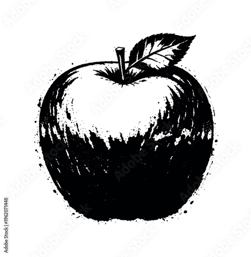 A realistic apple shown in direct frontal view with a small stem and leaf, enlarged to fill most of the frame and isolated on a perfectly clean white background