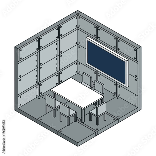 Isometric Meeting Room with Table, Chairs, and Board.