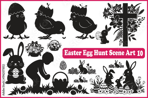 Easter Egg Hunt Scene with Bunny and Chicken Silhouettes