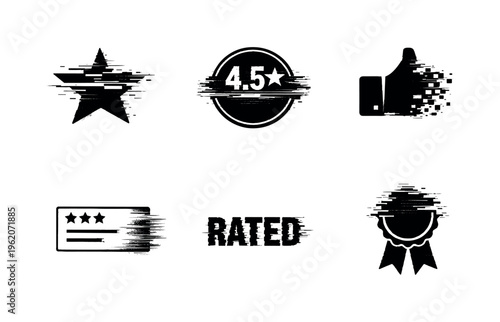 Digital reputation and rating systems concept  a set of five glitch-distorted monochrome symbols floating as isolated specimens on a perfectly clean white