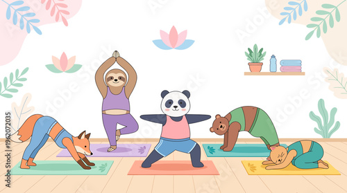 Cute Animals Doing Yoga Together: Fox, Sloth, Panda, Bear, Cat