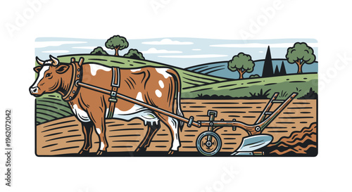 Brown cow pulling a plow machine.