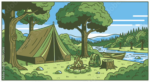 Camping tent with campfire outside.