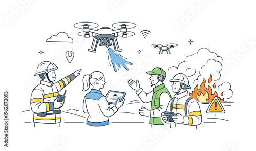 A public safety and innovation scene representing firefighting drones as a modern solution for hazardous environments, where a coordinated team deploys aerial support around two