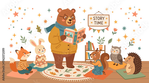 Cute Animals Enjoy Story Time with Bear Reading Book in Cozy Forest Setting