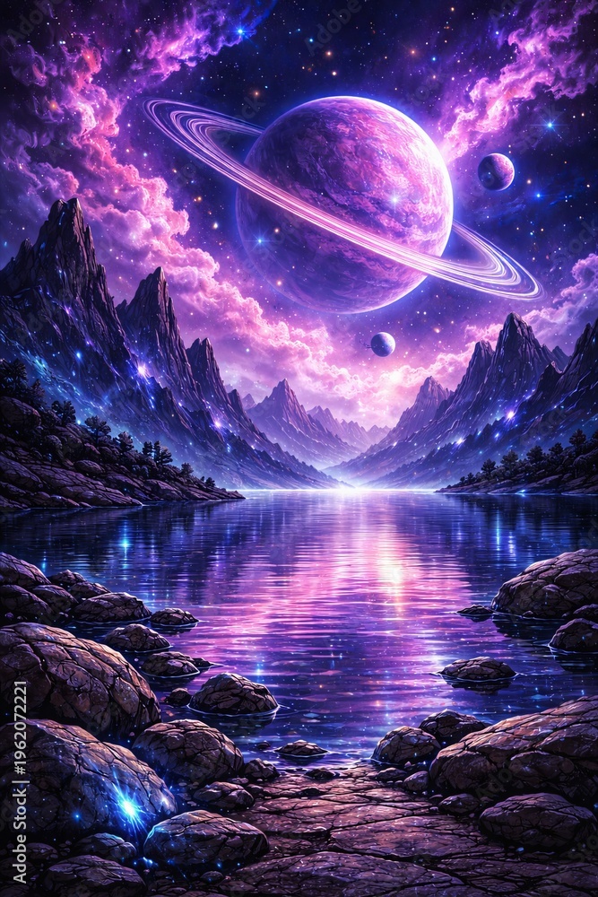 Fototapeta premium A 3D semi-realistic alien landscape with reflective lake, jagged mountains, and a vibrant galaxy sky filled with planets and nebula clouds. With strong foreground rocks and midground water reflections