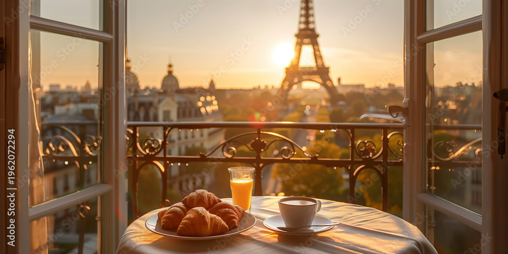 Obraz premium Breakfast with fresh croissants, coffee, and orange juice served on a balcony with a view of the Eiffel Tower in Paris at sunrise.