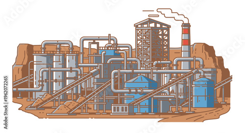 Industrial factory with pipes and smokestack.