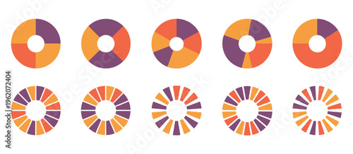pie charts diagrams with different colour circles, round shape data visualization elements, statistics progress and business analysis concept, infographic design components, professional vector 