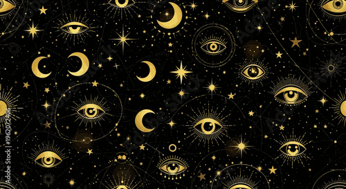 Whimsical celestial pattern with mystical eyes and moons.