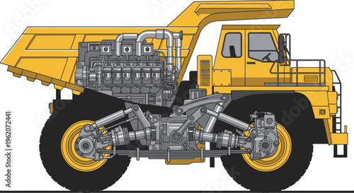 Large Yellow Mining Dump Truck Side View.