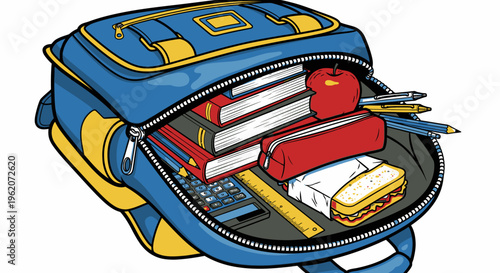 School bag with books and supplies.