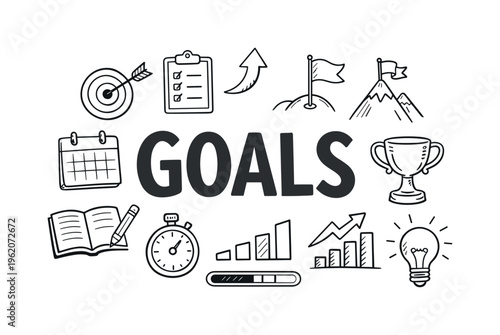 Personal goal setting and achievement concept focused on defining objectives, staying motivated, and reaching milestones in both personal and professional life. GOALS title with