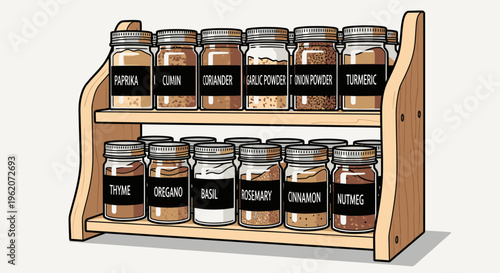 Spice jars on wooden shelf storage.