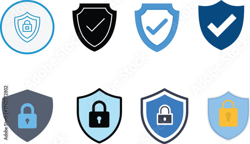 Glossy set of blue shield icons and silver heraldic crest symbols featuring shiny chrome metal frames for secure protection and safety web design vector illustrations