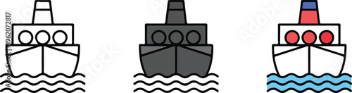 Cargo Ship and Cruise Vessel Vector Set Featuring Linear Solid and Colorful Flat Design Styles for Maritime Logistics. (19 words)