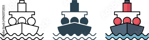 Cargo Ship and Cruise Vessel Vector Set Featuring Linear Solid and Colorful Flat Design Styles for Maritime Logistics. (19 words)