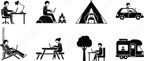 Remote work lifestyle icons set showing people working on laptop at home outdoor travel camping digital nomad vector illustration