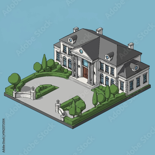 Isometric illustration of a large, luxurious mansion with a circular driveway and manicured landscaping.