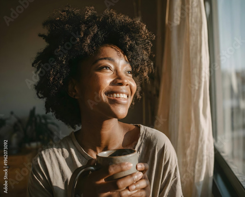 Black woman enjoying morning coffee