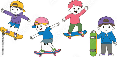 Young Boys On Skateboards Vector Illustration Set Featuring Active Children Skating And Holding Boards In Casual Urban Outfits. (19 words)