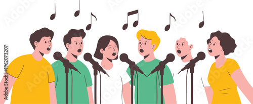 Group Of People Singing Together In A Choir With Microphones And Music Notes For Community Performance And Concert Events. (20 words)