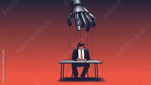 Robot hand controlling unhappy businessman puppet
